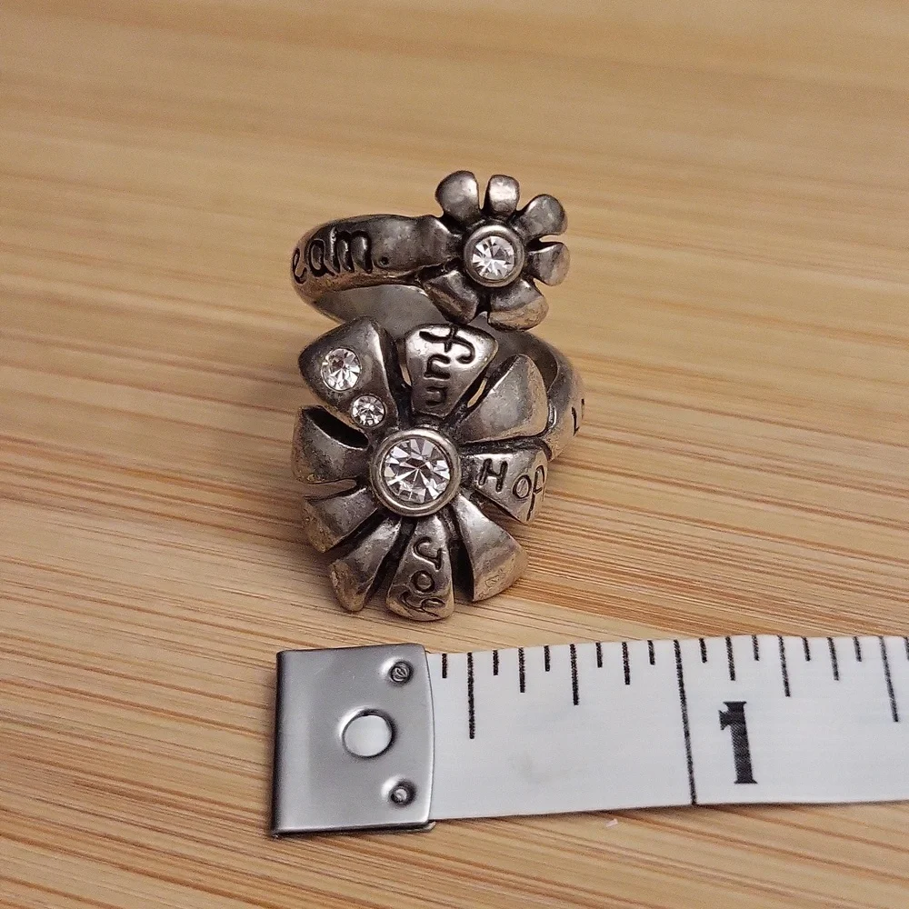 Beautiful Pewter Double Flower Rhinestone Adjustable Ring